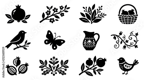 Fotografie Collection of black silhouette illustrations featuring nature inspired elements and decorative motifs