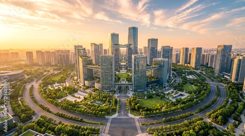 Aerial Sunset View of a Modern Circular Business District and Skyscraper Skyline