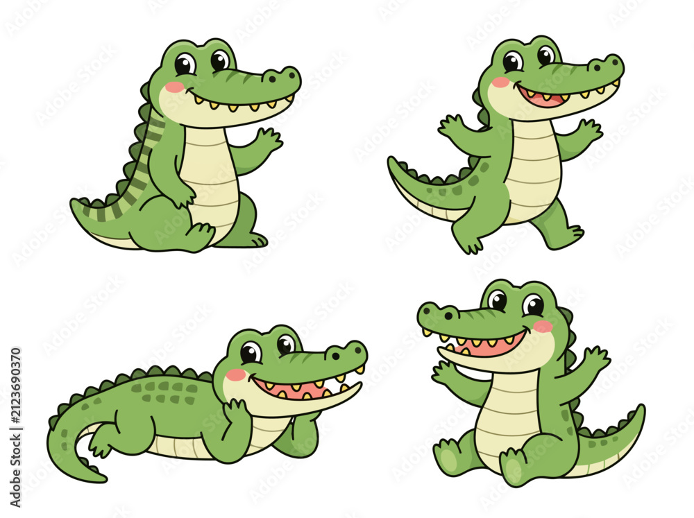 Fototapeta premium Set of cute cartoon crocodiles in various poses and expressions.