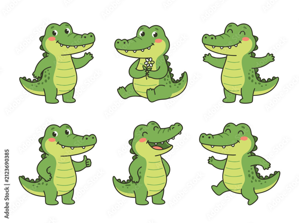 Obraz premium A set of six cute cartoon green alligators in different poses and expressions.