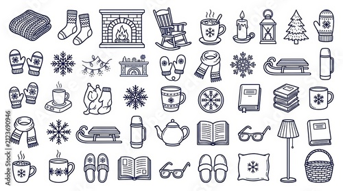 Set of cozy winter doodle icons isolated on white background