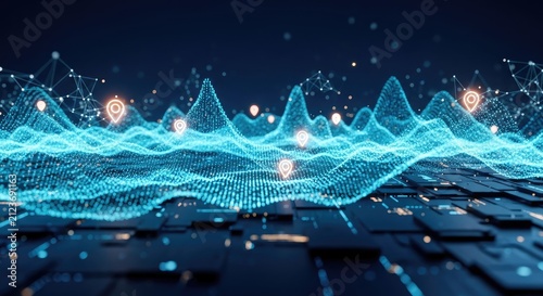 Abstract Digital Landscape of Futuristic Data Flow and Network Connections.
