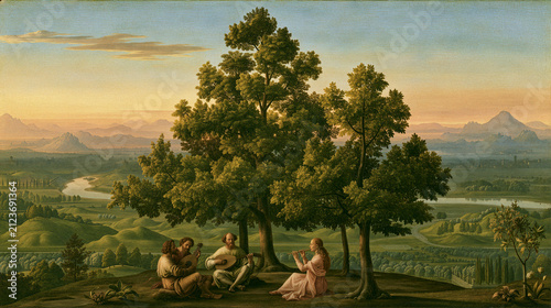 Traditional Venetian Renaissance oil painting of musicians in a vast pastoral landscape at sunset
