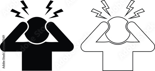 Konstfotografi Vector illustration features a stickman silhouette and outline holding his head in severe pain, representing a migraine, stress, headache, and frustration