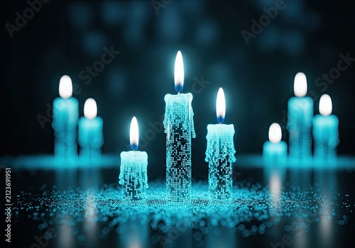 Mystical Blue Candles Glowing in the Dark with Sparkles.