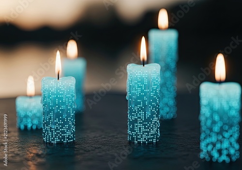 Group of Glowing Blue Candles with Flickering Flames on Dark Surface.