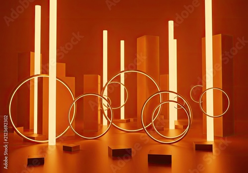 Abstract Neon Geometric Shapes with Vertical Lights.