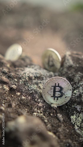 Gold Bitcoin coins placed on rocky terrain with dry grass in the background, symbolizing cryptocurrency, digital finance, blockchain technology, investment, and financial growth.