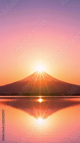 【縦動画】雪を被った冬の富士山と日の出と湖の風景　ダイヤモンド富士と朝焼け  4K