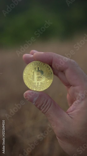 Close-up of a hand displaying a physical Bitcoin coin in a natural outdoor setting with green trees in the background, representing cryptocurrency investment, blockchain, and digital assets.