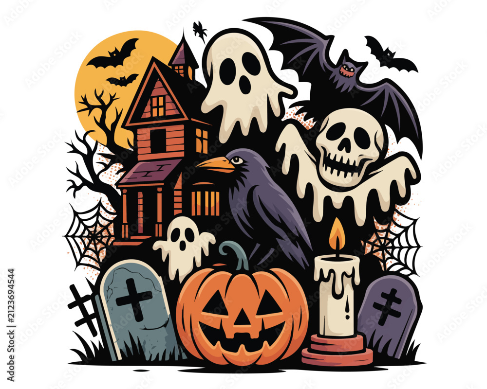 Fototapeta premium Complete Halloween horror collage featuring haunted house pumpkin skull ghost bats raven spider web candle cemetery moon vector illustration isolated on white background