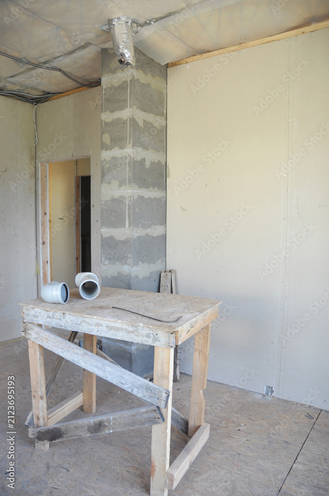 Fototapeta premium Flue pipe drywall ventilation duct interior construction