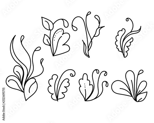 line art set of hand drawn floral swirls, leaves and decorative plant flourishes elements vector illustration