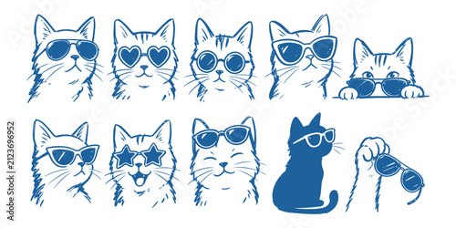 Cool cats wearing stylish sunglasses doodle element collection set, Vector Illustration