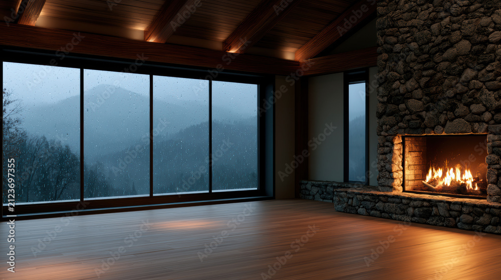 Obraz premium Cozy cabin interior with stone fireplace wooden floor large window mountain view night warm light peaceful inviting
