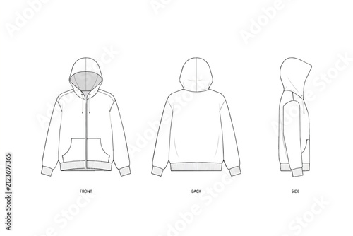 Zip Up Hoodie Tech Pack Technical Drawing Flat Sketch Vector Mockup Front Back Side View