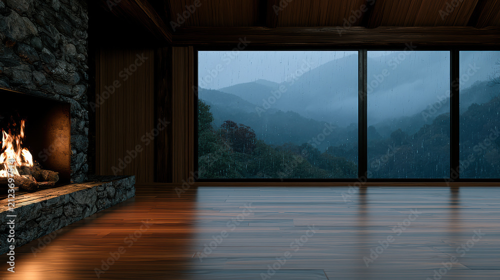 Obraz premium Cozy cabin interior with stone fireplace, wooden floor, large window, night rain, mountain view, warm atmosphere
