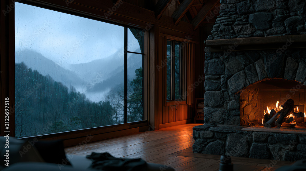 Obraz premium Cozy cabin interior with stone fireplace warm fire large window mountain view wooden floor night peaceful inviting tranquil