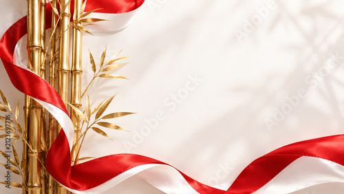 Golden bamboo and red white ribbon background decoration