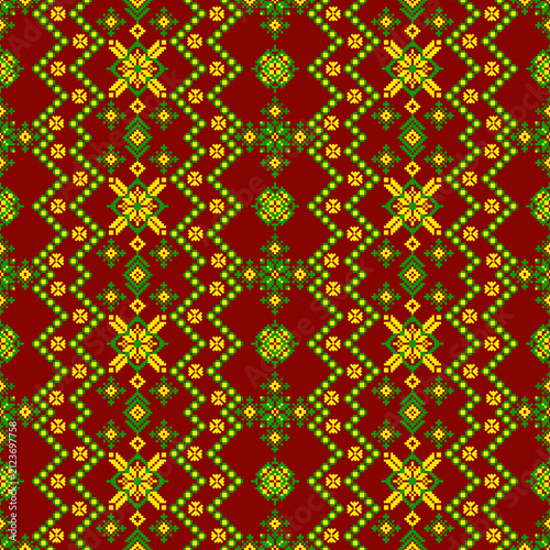abstract seamless pattern
Folk cultural patterns featuring flower motifs and zigzag lines, utilizing green and yellow colors against a brown background.