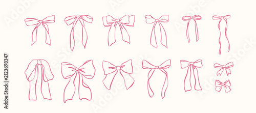 Pink ribbon bow vector illustration set. Hand-drawn line art bows doodle isolated on white background for cute coquette design