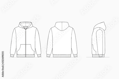 Zip Up Hoodie Technical Sketch Mockup Vector Front Back Side View
