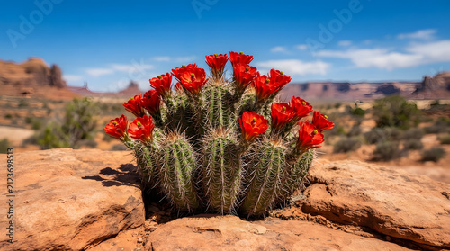 A vibrant claret cup cactus blooming with bright red flowers on a rocky desert landscape under a clear blue sky