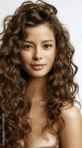 Asian woman with curly hair, soft lighting, and natural expression, highlighting skin glow and hair texture in a clean white background.