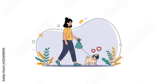 Young woman walking her cute pug dog on a leash while enjoying some fresh air and exercise in an outdoor setting.