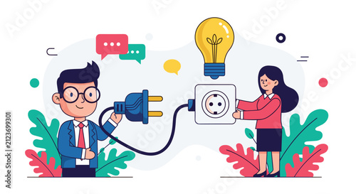 Man and woman working together to connect an electric plug into a socket to light up a giant innovative lightbulb.