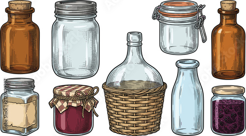 Foto Vintage Glass Jars and Bottles Vector Element Set with Mason Jars, Wicker Carboy