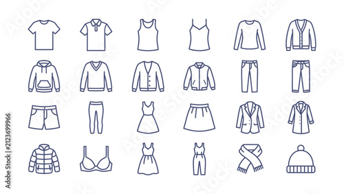 Картината върху платно Line style clothing icons depict various garments and apparel on a white backgro
