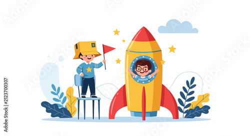 Two young boys enjoy imaginative play with a cardboard box and a toy rocket ship pretending to be brave space astronauts.