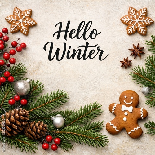Horizontal winter flat lay with “Hello Winter” calligraphy, evergreen branches, red berries, gingerbread cookies, pinecones, star anise and silver ornaments on a textured off-white background.