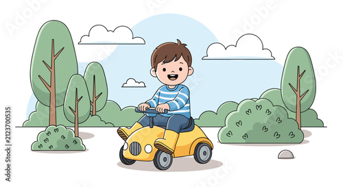 Happy young boy in a striped shirt enjoys riding a yellow toy car through a beautiful green park on a sunny summer day.