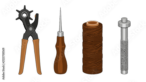 Fotografie Leathercraft tools with punch pliers awl thread and groover