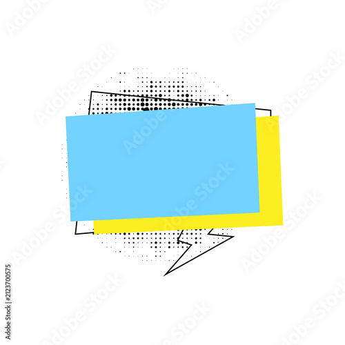 Blank light blue and yellow rectangular speech bubbles with comic pop art dots on transparent background.