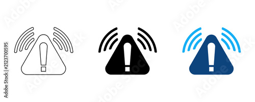 Fotografie Set of alert and warning icons with exclamation mark triangle and sound waves in black and blue