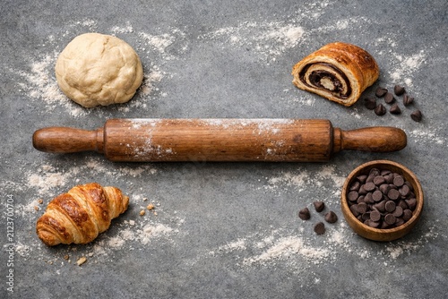 Realistic overhead view of baking workspace with rolling pin, raw dough, chocolate pastries, and chocolate chips on a flour-dusted gray stone surface, captured mid-process.