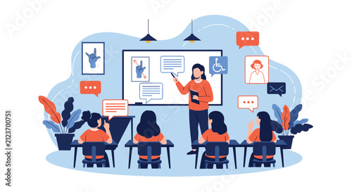 Dedicated teacher uses sign language and visual aids on a large screen to instruct a classroom of attentive young students.