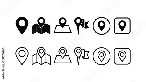 Location pin icons and map marker pictograms black and white flat vector illustrations on a white background