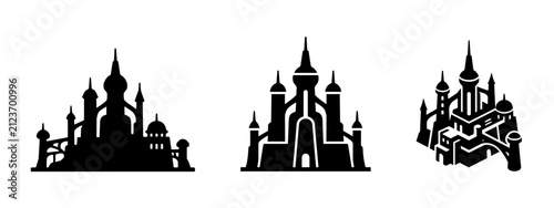 Bild auf Leinwand Fantasy castle or palace silhouettes in black on a white background