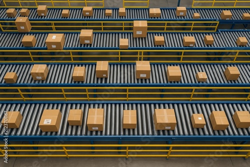 Packages with shipping labels moving along an automated roller conveyor system in a modern logistics sorting facility or warehouse.