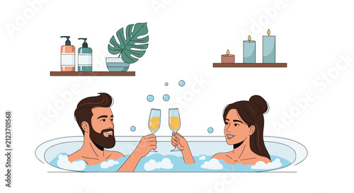 Happy young couple enjoys a relaxing romantic bubble bath together in a modern bathroom while toasting with champagne glasses.