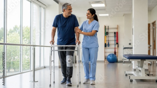Physiotherapist helping man with walker in rehabilitation center, patient recovering from knee injury.