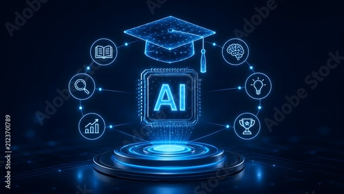 Futuristic AI microchip under a glowing graduation cap with digital learning icons representing edtech and machine learning in modern education