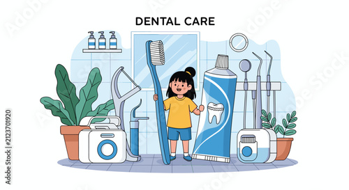Little girl stands in a bathroom surrounded by oversized dental hygiene products like a toothbrush, toothpaste, and floss.