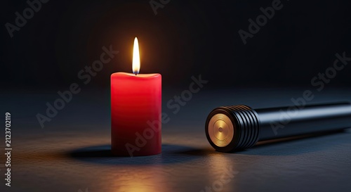 A lit red candle and a flashlight on a dark surface.