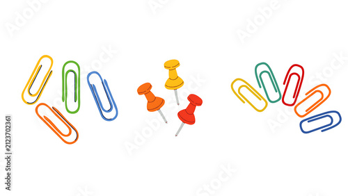 Colorful paper clips and push pins set for stationery supplies isolated on white background digital graphic art illustration featuring various office tools.