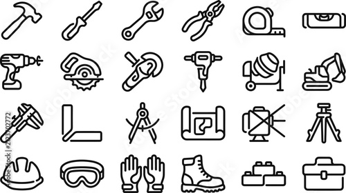 Construction line icons set in editable vector style. Tools, equipment, safety, building, construction, renovation icons collection. Editable stroke. Vector.